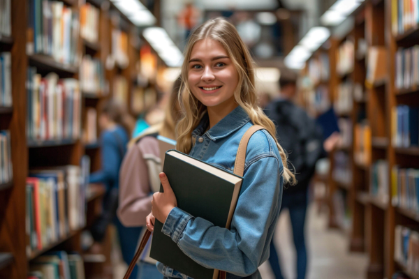 Student standing between bookshelves